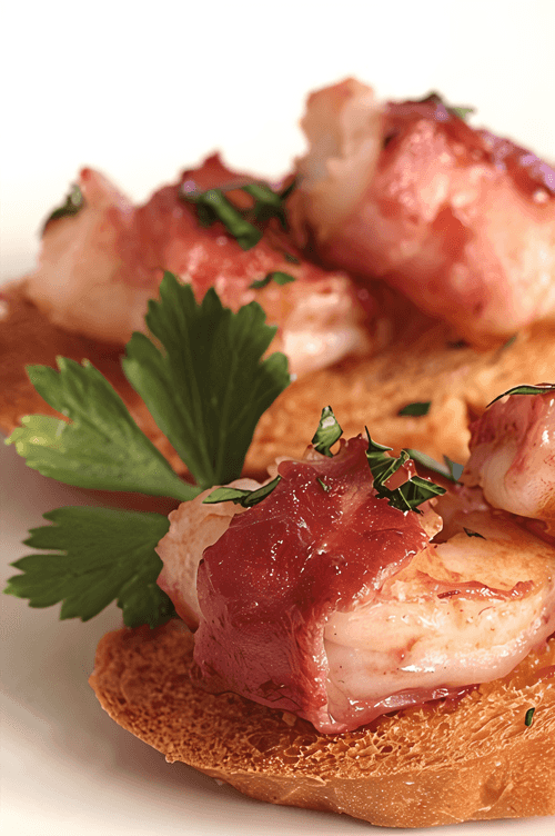 Grilled shrimp in bacon with barbecue sauce